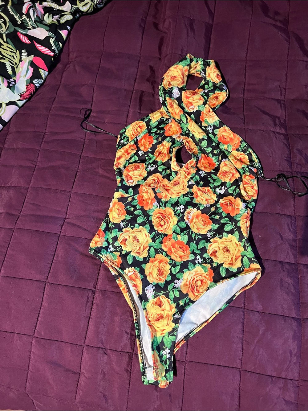 Girls Floral Halter One-Piece Swimsuit - Black with Orange Rose Print